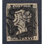 Great Britain. 1840 1d black R-J. Three margins, fourth just shaved. Used with fine black Maltese