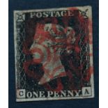 Great Britain. 1840 1d black C-A. Three good margins, fourth very close bottom left, used with red