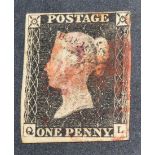 Great Britain. 1840 1d black Q-L, four margins (just touched at right). Used with red Maltese cross