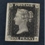 Great Britain. 1840 1d Black D-A, Plate 3?. Four margins. Very fine used? or mint no gum. Sold as