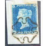 Great Britain. 1840 2d Blue ?-E, four margins. tied to small piece by black Maltese cross