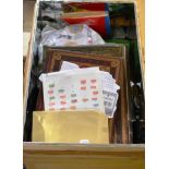 A Tea Chest, Two Boxes and a Plastic Container housing all world stamps, covers, albums, binders and