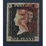 Great Britain. 1840 1d black G-H. Four margins used with red Maltese cross