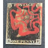 Great Britain. 1840 1d black E-F, four margins (close at top), used with superb red Maltese cross