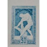 France. 1924 Paris Olympics. 30c Colour trial in dark and light blue. Imperforate corner single,