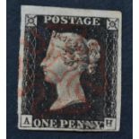 Great Britain. 1840 1d black A-H, four margins. used with red Maltese cross