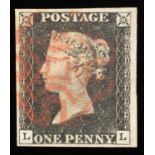 Great Britain. 1840 1d black L-L, Plate 2. Four margins, used with red Maltese cross