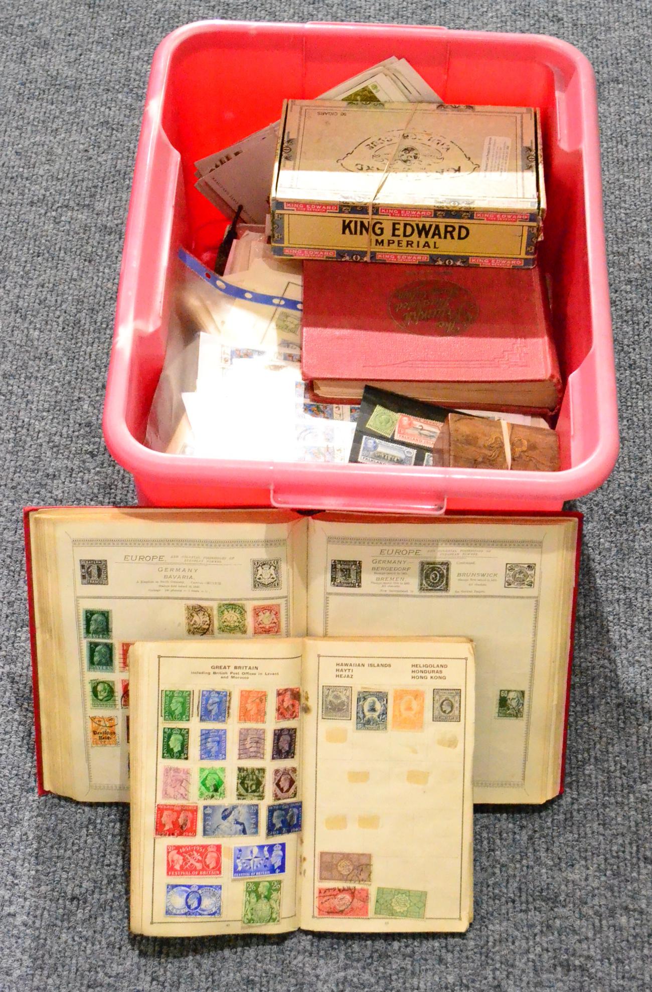 A Red Plastic Container containing world in various  albums, loose album pages etc. Plus FDC's etc