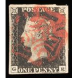 Great Britain. 1840 1d black G-E. Four margins, used with red Maltese cross