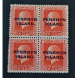 Cook Islands - Penrhyn. 1917 to 1920 1s vermilion. Fine mint block of four