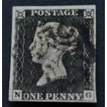 Great Britain. 1840 1d black N-G, four margins. Used with centrally applied black Maltese cross