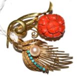 A coral mounted floral brooch and a cultured pearl and turquoise set brooch (one turquoise missing)