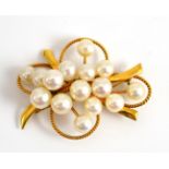 A 14ct gold cultured pearl spray brooch