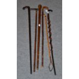 Five various walking sticks and a riding crop (6)