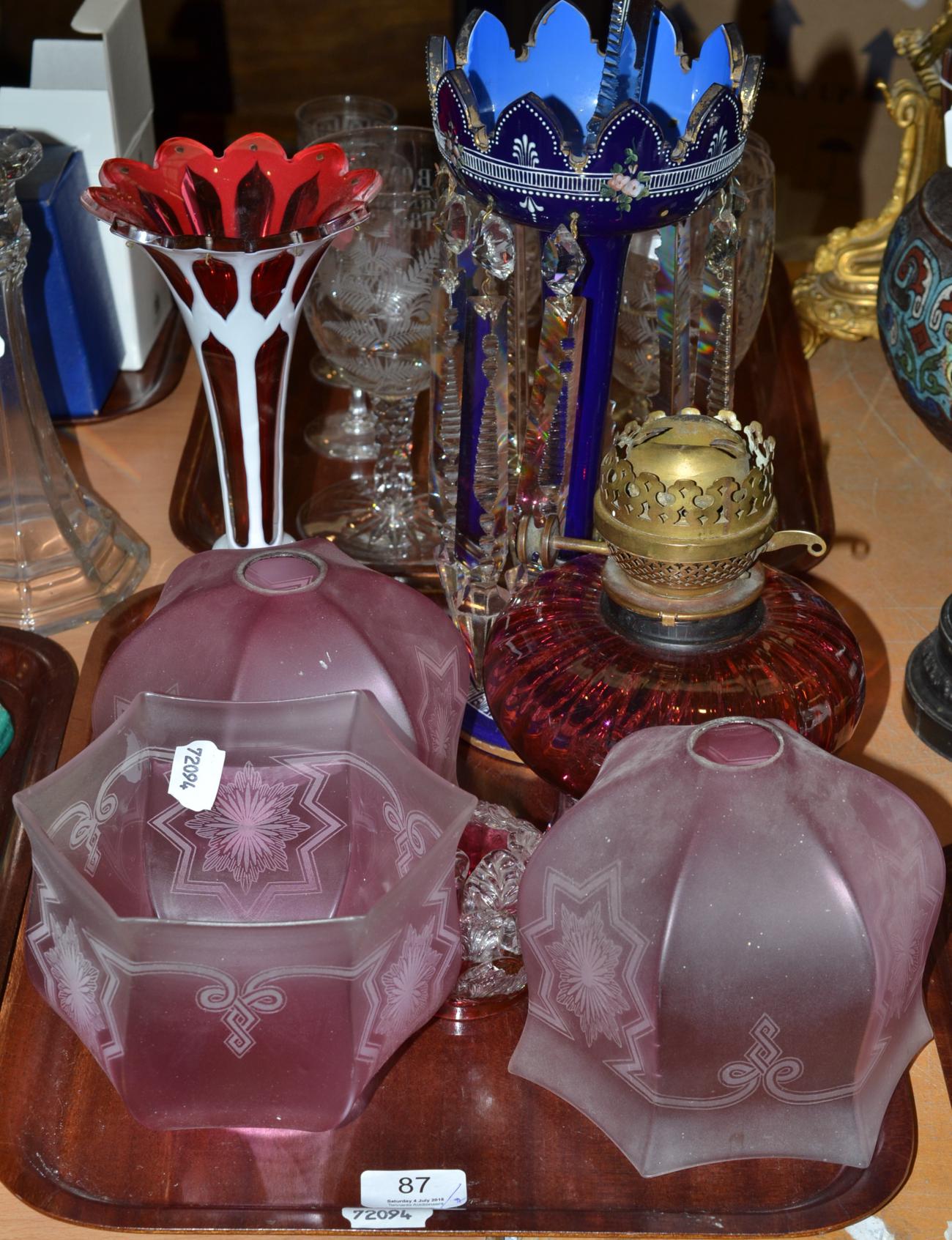 Cranberry oil lamp and shades, lustres, etc