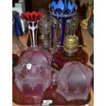 Cranberry oil lamp and shades, lustres, etc
