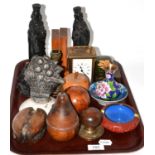 Tray including a brass carriage clock, pair of  resin bookends, pair of small Marley horses, treen