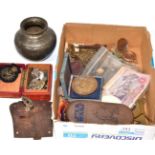 An assortment of collector's items including a bronze medallion, an Indian bronze lock, silver