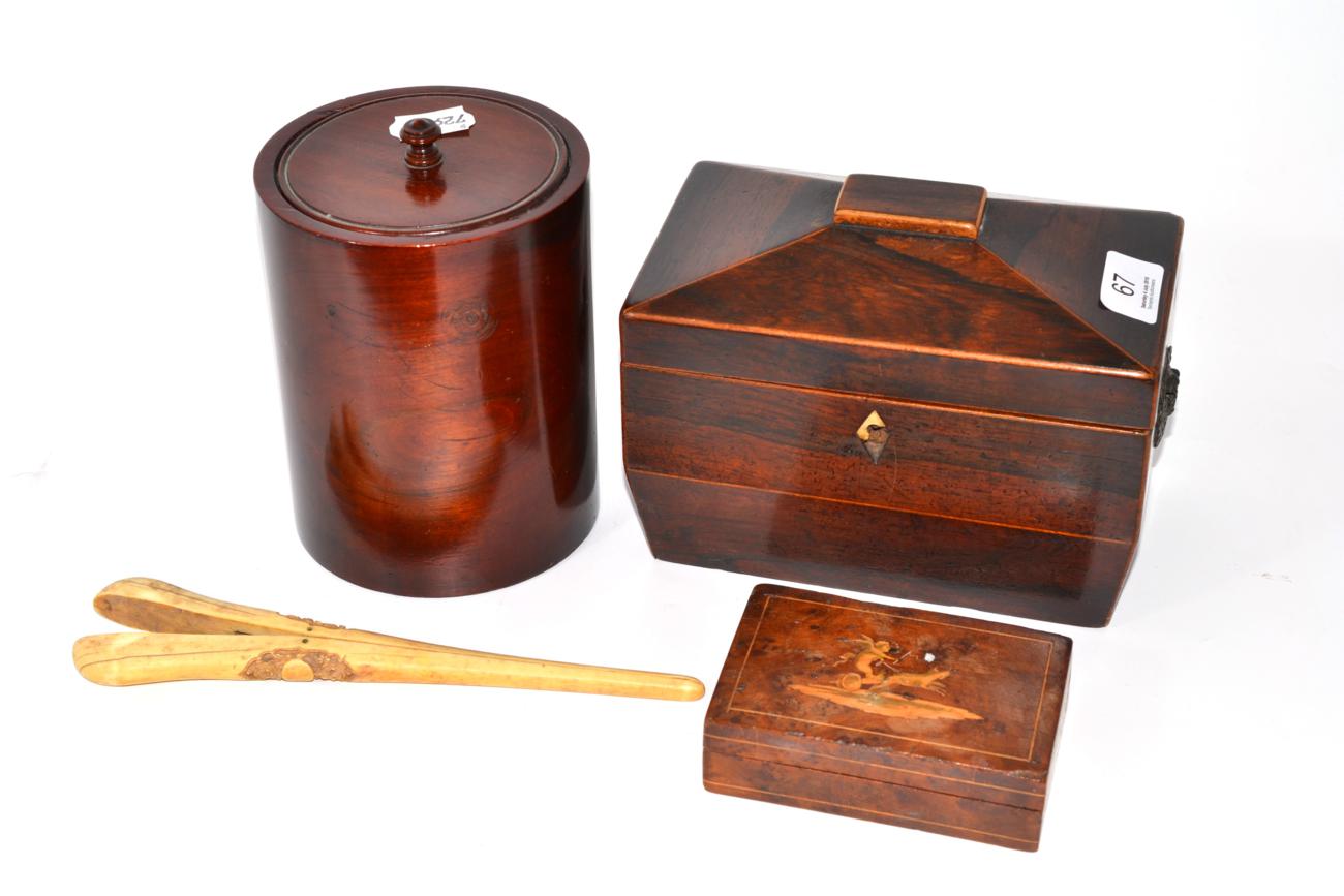 A pair of circa 1900 Chinese ivory glove stretchers, George III rosewood tea caddy, Sorrentoware box