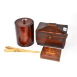 A pair of circa 1900 Chinese ivory glove stretchers, George III rosewood tea caddy, Sorrentoware box