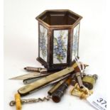 A white metal hexagonal pot stamped '90', miniature corkscrews, fruit knives, miniature Stanhope