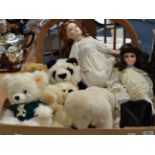 Five modern Steiff teddy bears, a Steiff dog and two modern china dolls