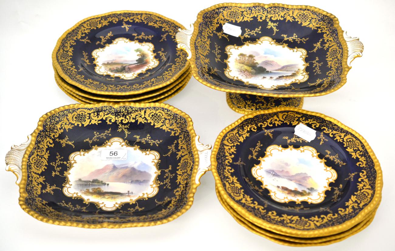 Coalport topographical part dessert service; eight plates, comport (a.f.) and a serving plate
