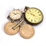 A silver pocket watch, gents automatic Longines wristwatch and two World War II medals