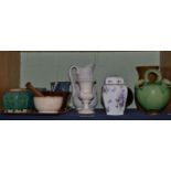 Large Burton pottery (Burton-in-Lonsdale) glazed jug, decorative pottery jugs, etc