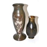 A Danish Tinos bronze vase and an American vase with applied silver decoration