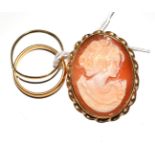 A 22ct gold band ring, another band ring and a 9ct gold cameo brooch