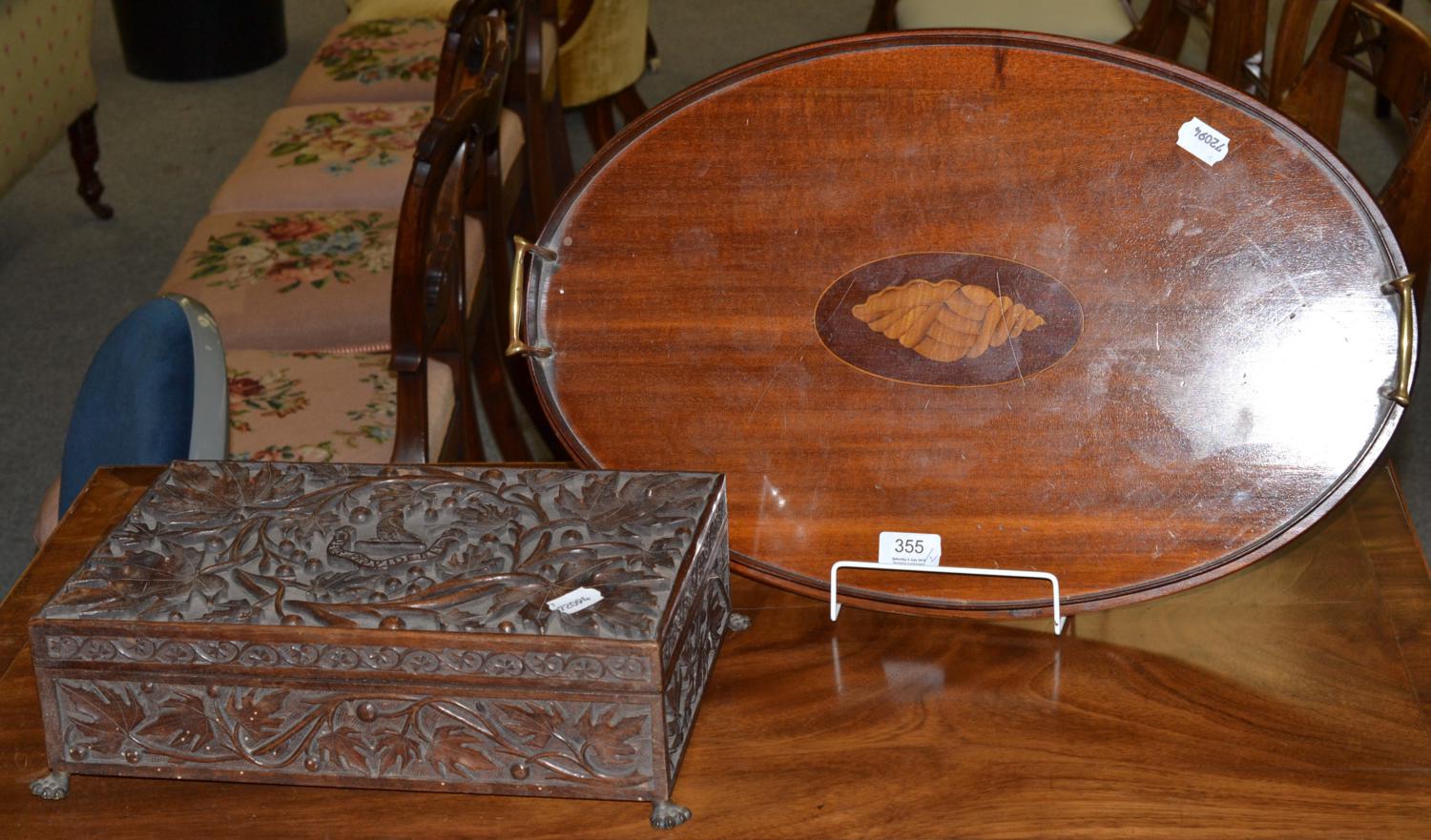 Carved box and a mahogany inlaid tray