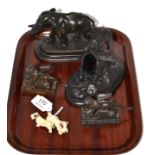 Spelter elephant, spelter dog group, a pair of bronze winged lions and Austrian cold painted dog