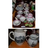 Early 19th century ceramics comprising: pearlware teapot and sugar basin, pink lustre mug, copper
