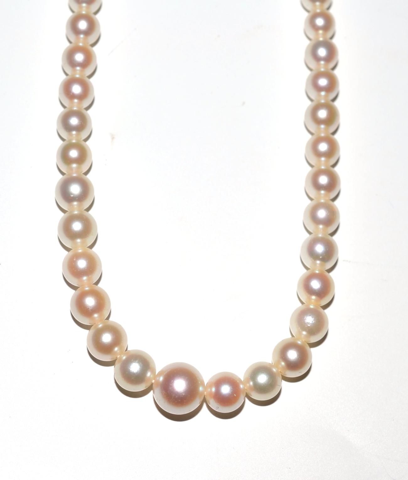 A cultured pearl single row necklace with 9ct gold snap