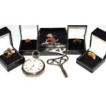 Six rings, silver pocket watches and a costume brooch