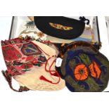 European folk embroidered bonnet and a drawstring purse (a.f.), circa 1930's beaded purse and six