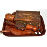 Napoleonic prisoner strawwork box, knitting sheath, two carved wood nut cracks and other items of