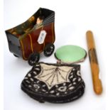 Tin plate perambulator and doll, Victorian purse, Mauchline ware needle case and silver compact