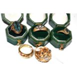 An 18ct gold ruby ring, a 9ct gold emerald and diamond ring and four dress rings (6)