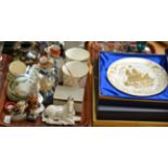 Tray of ceramics including tea wares, pair of figurines, pair of Coalport commemorative vases,