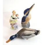 Royal Copenhagen figure of a duck, Danish figure of a kingfisher and a 19th century Meissen figure