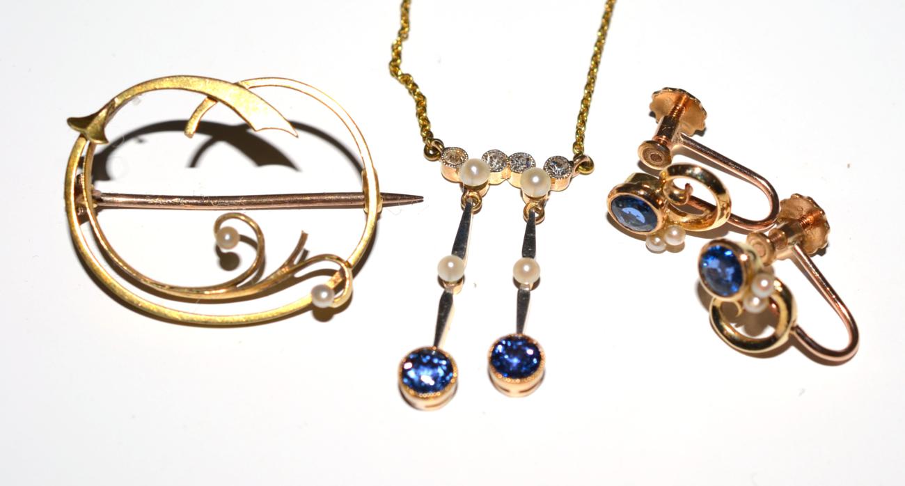 A diamond, seed pearl and sapphire necklace, with a pair of earrings and original brooch frame (