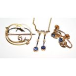 A diamond, seed pearl and sapphire necklace, with a pair of earrings and original brooch frame (