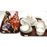 Minton Haddon Hall tea set, three Royal Doulton figures, Goebel figure, Goebel dog and a toby jug