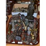 A tray of bronze and spelter figures and other collectables