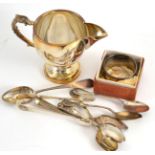 Silver jug, assorted spoons, napkin ring, etc