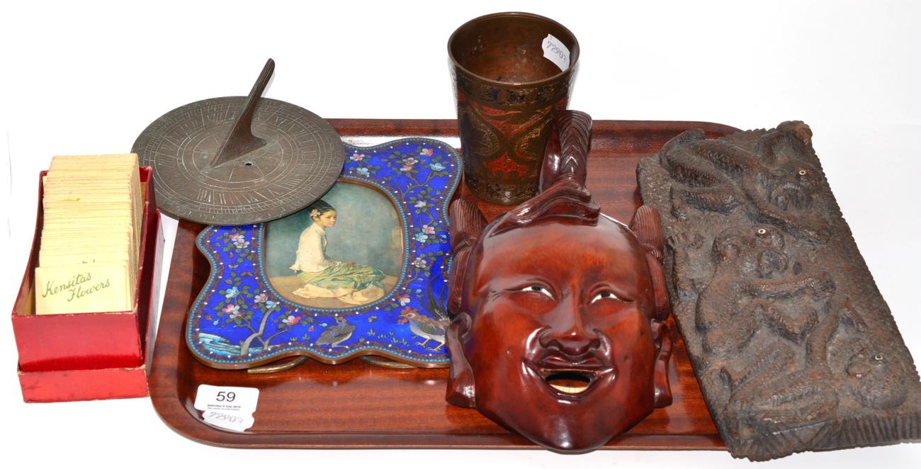 Kensitas silks, Islamic beaker, sundial, carved hardwood plaque, photograph frame and a Japanese