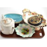 Spode comport, Majolica bowl, Victorian dish, Diamond Jubilee teapot and a pot lid ''A False Move''