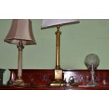 Two Corinthian column table lamps and shades and a cut glass table lamp with shade